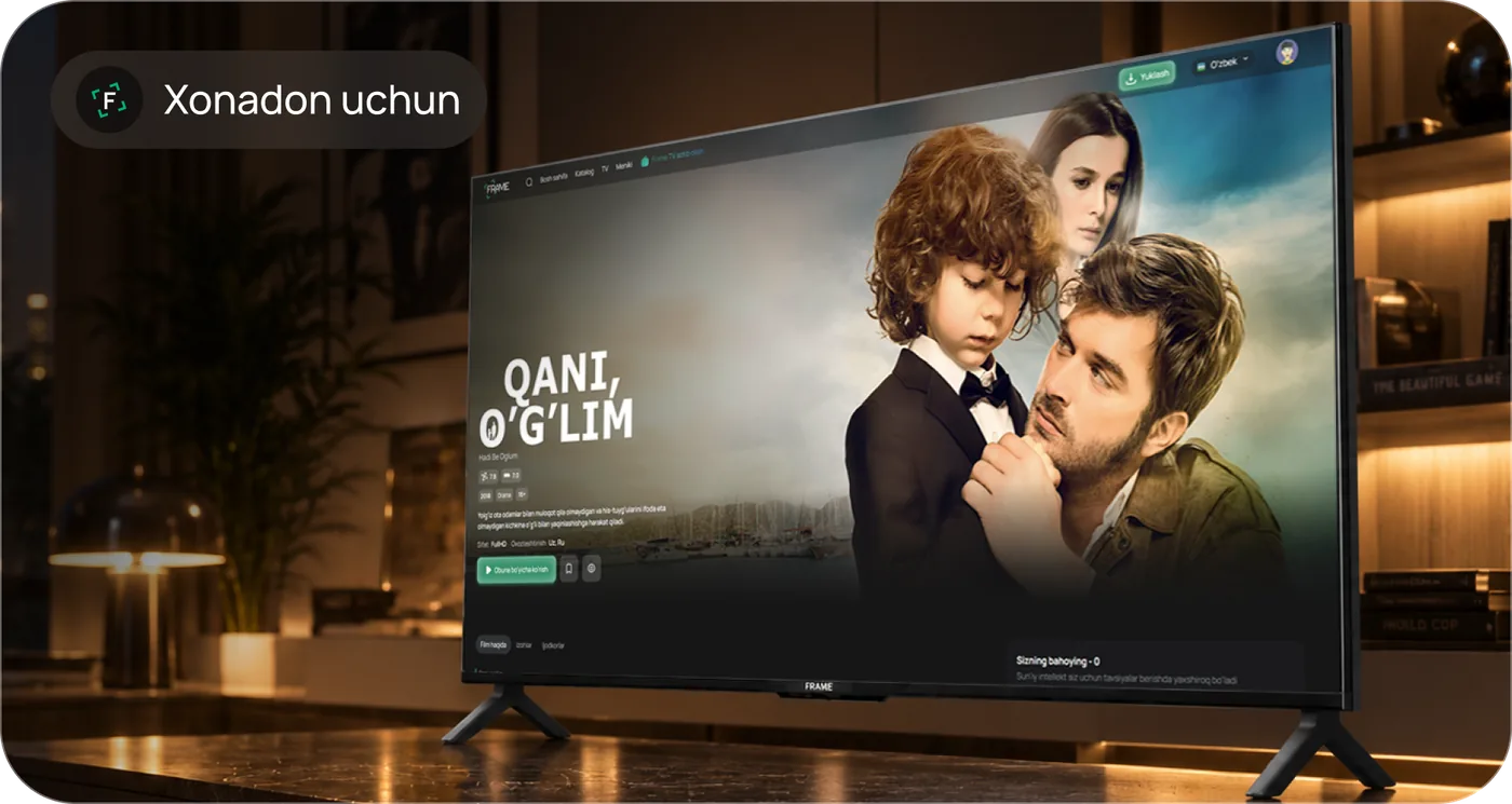Frame TV 55″ в гостиной: на экране карточка фильма в Frame OS на узбекском