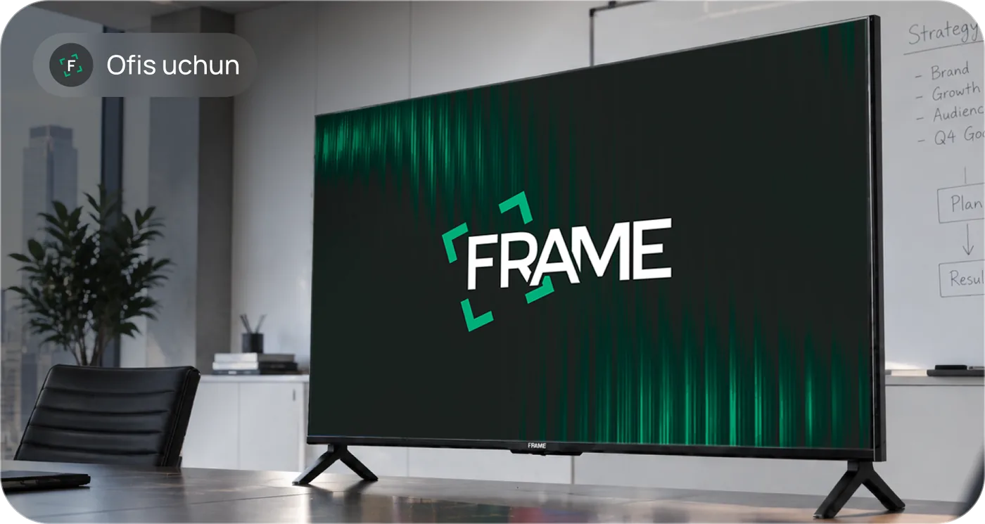 Frame TV 55″ в переговорной на столе: на экране логотип Frame