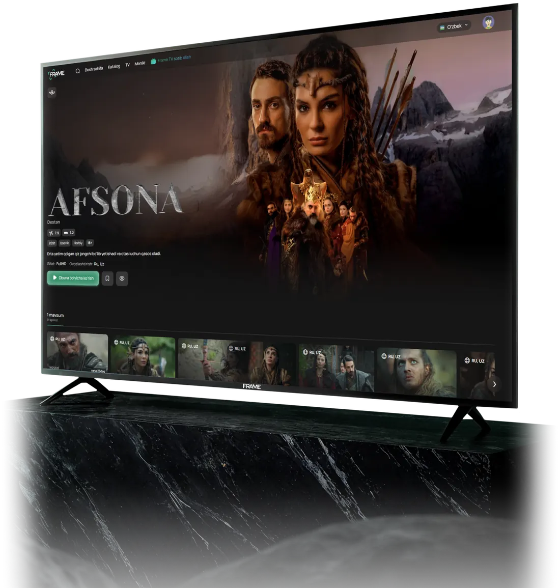 Frame TV 55″ на мраморной тумбе: на экране карточка сериала «Afsona» в Frame OS